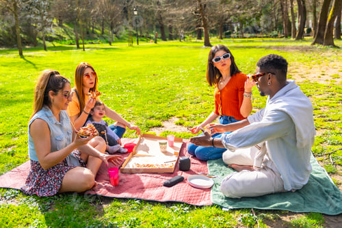 Preview: Group of friends enjoying pizza at a sunny park picnic