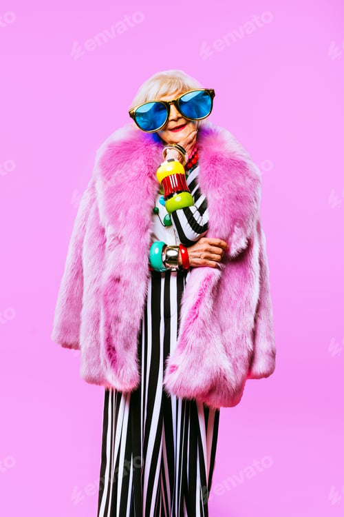 Preview: Cool and stylish senior old woman with fashionable clothes