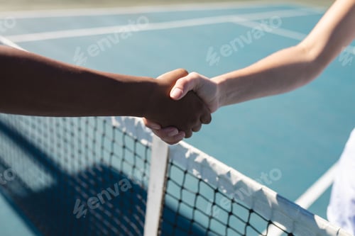 Preview: Cropped hands of female biracial tennis competitors with handshake over net at court on sunny day