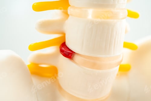 Preview: Lumbar spine displaced herniated disc fragment, spinal nerve and bone. Model for treatment