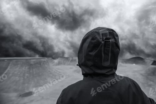 Preview: Unrecognizable hooded person in empty skateboarding park