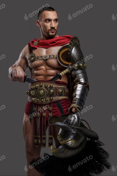 Preview: Gladiator with a stylish beard wears lightweight intricate armor