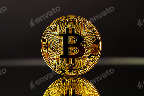 Preview: Gold Bitcoin With Reflection On Black Background