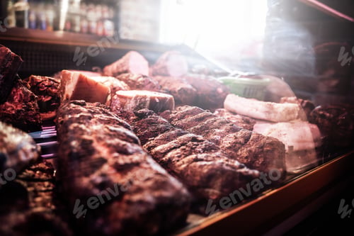 Preview: Fresh smoked meat in butcher shop's counter