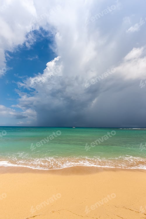 Preview: Beach On The Tropical Island. Clear Blue Water, Sand And Clouds. Beautiful Vacation Spot.