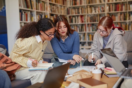Preview: Multiethnic Teen Girls Collaborating on Homework in Library Setting