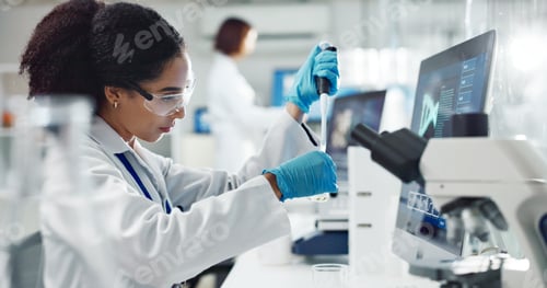 Preview: Test tubes, dropper and woman scientist in laboratory for medical study, research or experiment. Gl