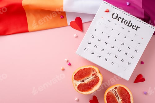 Preview: Top-down shot of Lesbian Pride flag with delicate hearts expressing emotions, October calendar