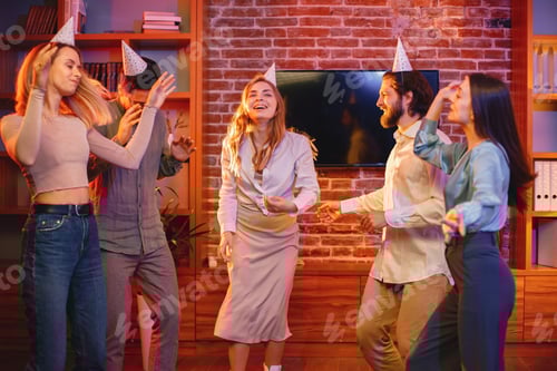 Preview: Friends standing together, under a confetti and celebrating birthday