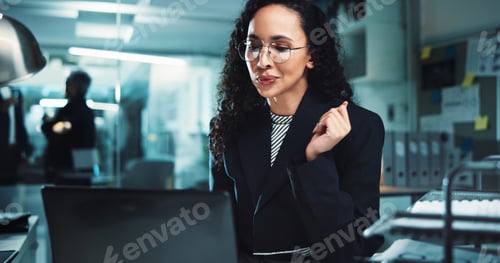 Preview: Night, accounting research or woman on laptop for finance management, business and budget review. A