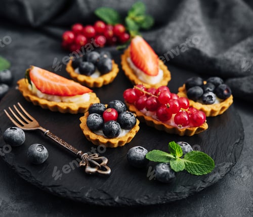 Preview: Delicious tartlets with fruit and cream mascaropne on black board