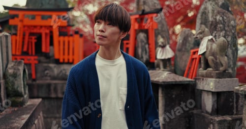 Preview: Man, Japanese and outdoor temple for religious zen or adventure, holiday or culture. Male person, f