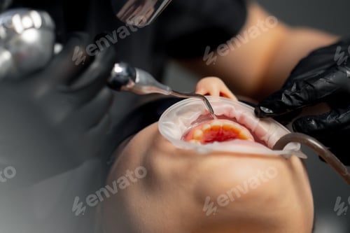 Preview: dental office female dentist in a cap is routinely cleaning the teeth of a young beautiful girl