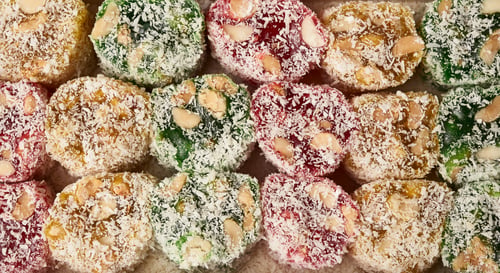 Preview: Sweet Turkish delight in coconut white shavings, dessert lies in rows