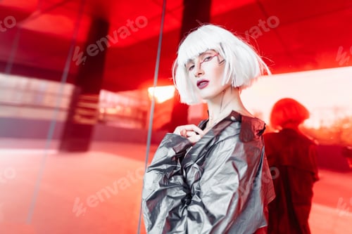Preview: Fashion blonde in a futuristic image on a red background.