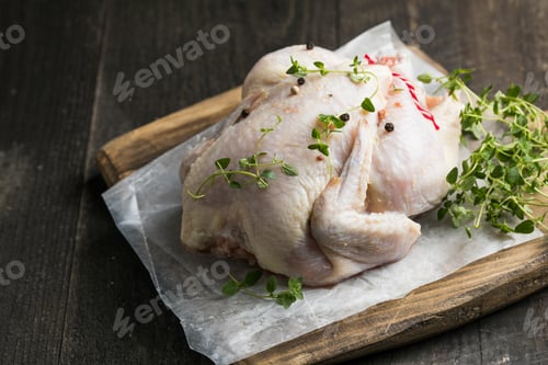 Preview: organic raw whole chicken with thyme peppers and garlic on a rustic table