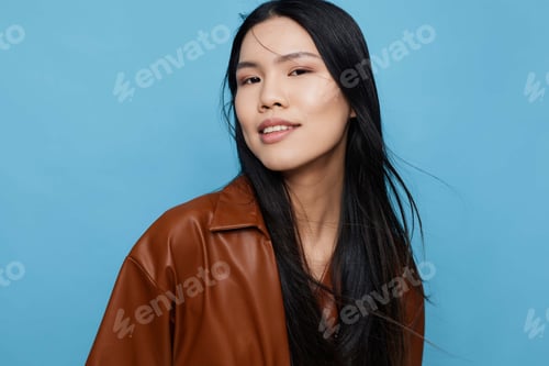 Preview: Woman background asian blue lifestyle trendy portrait happy attractive girl smile studio