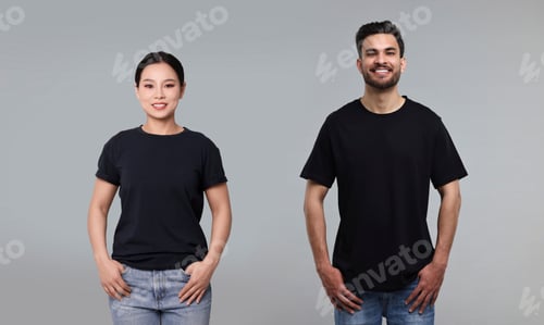 Preview: Woman and man wearing black t-shirts on grey background, collage of photos
