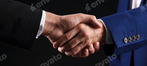 Preview: Business partners shaking hands on black background, closeup