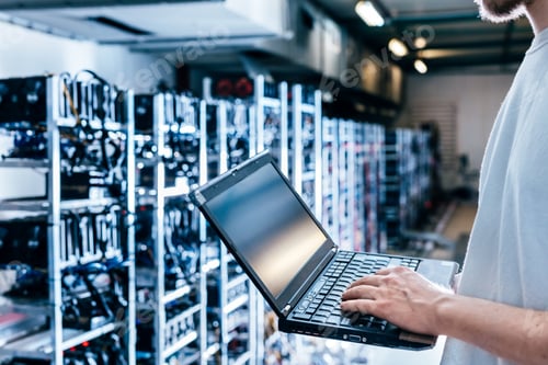 Preview: IT specialist working on computer in bitcoin and crypto currency mining farm.