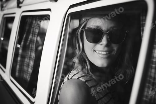 Preview: Woman Sitting in Front Seat of The Car Road Trip Travel