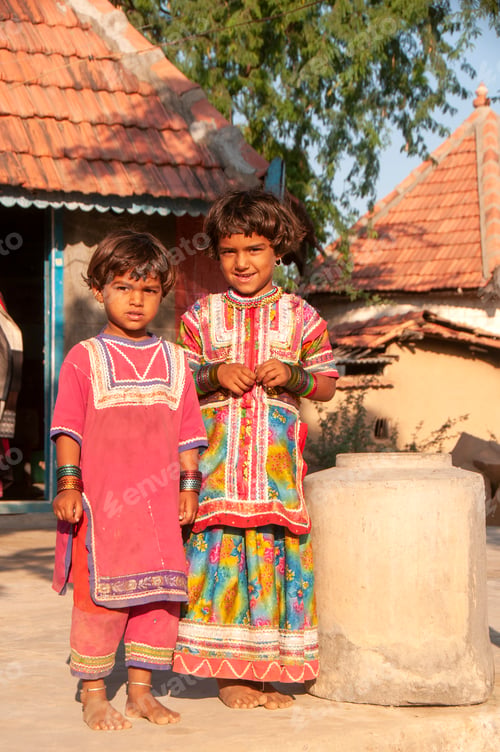 Preview: Happy tribal children in traditional clothes, Kutch, Gujarat, India.