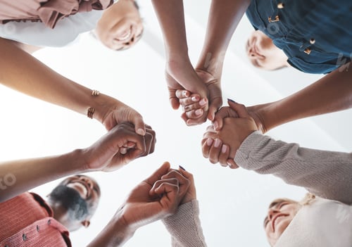 Preview: Diversity, support and people holding hands in trust and unity for community in the outdoors. Hand