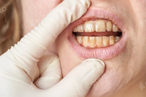 Preview: Female Caucasian adult mouth dental examination with gloved fingers close up