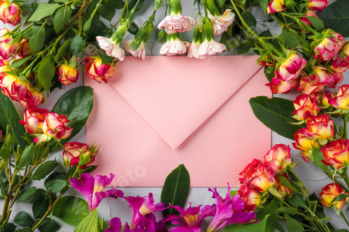 Preview: Pink envelope with flowers, top view. Romantic letter