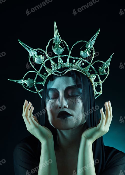 Preview: Makeup, dark art and queen woman isolated on black background for fantasy, macabre and beauty chara