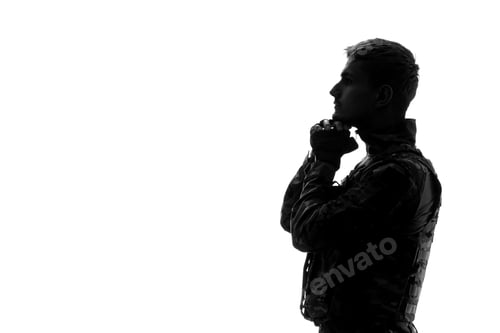 Preview: soldier silhouette handsome serious strong tough army soldier in uniform concentrated