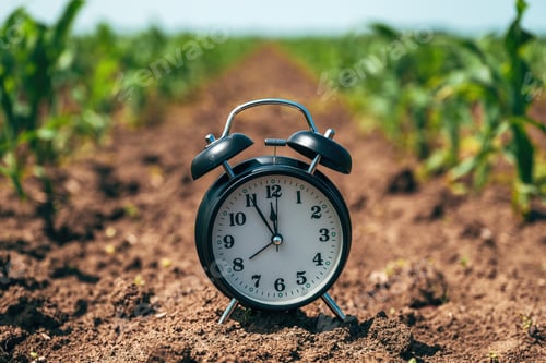 Preview: Alarm clock in cultivated corn maize crop field