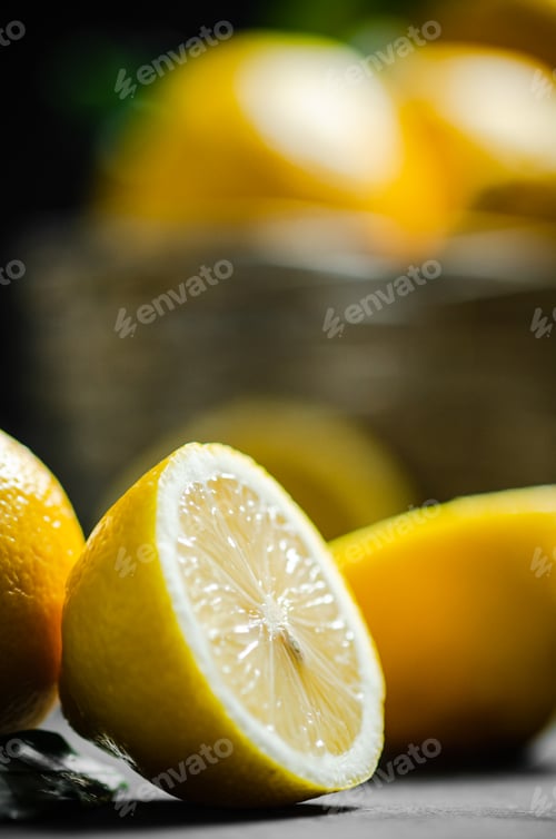 Preview: Fresh lemons. On black table.