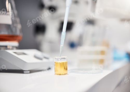 Preview: Science, tube and research in lab with liquid, medicine or pharma product on desk for chemical anal