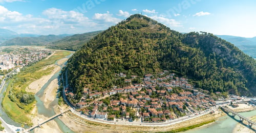Preview: Aerial panorama of the historic city of Berat in Albania, the city of a thousand windows