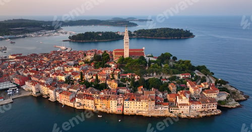 Preview: Sunrise aerial view of Rovinj, ancient Croatian city at the sea. Istria, Croatia
