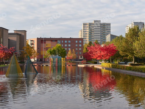 Preview: Public park in Europe and urban modern architecture.
