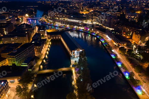 Preview: Aerial night view of Geneva city water fountain in Switzerland