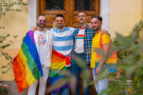 Preview: Lgbt concept, portrait of gay men friends having fun at gay pride party, diversity of young people