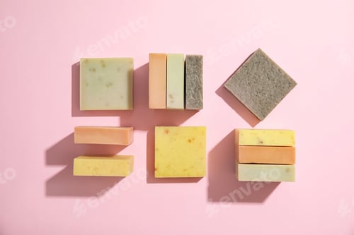 Preview: Hand made soap bars on color background, top view
