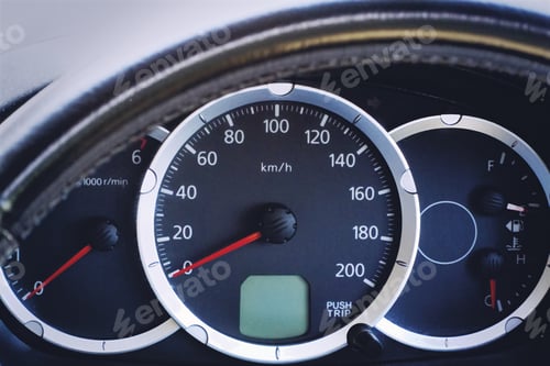Preview: Close-up Car Console with Metric Unit System Speedometer