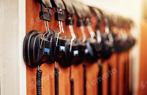 Preview: Music, equipment and headphones on display at a studio for production, streaming and radio broadcas