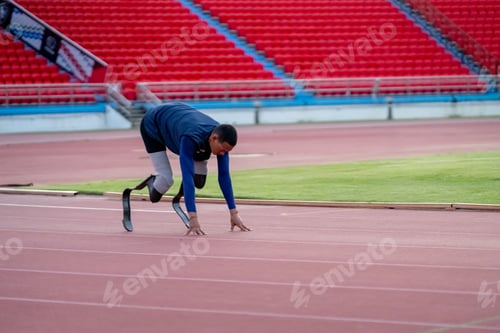 Preview: Asian para-athletes with prosthetic blades sprint on a running track at stadium.