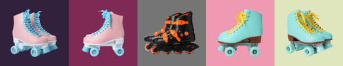 Preview: Many roller skates on different color backgrounds. Banner design