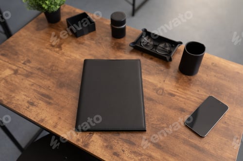 Preview: leather folder for documents on the office table in the office