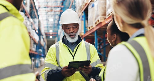 Preview: Warehouse, planning and people with tablet in discussion for inventory checklist, inspection or upd