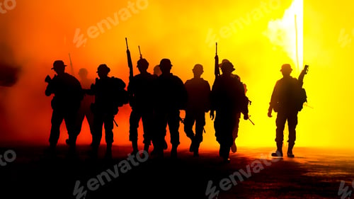 Preview: Silhouette Army Soldiers Amidst Smoke At Sunset