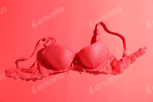 Preview: Lace bra on red background, top view