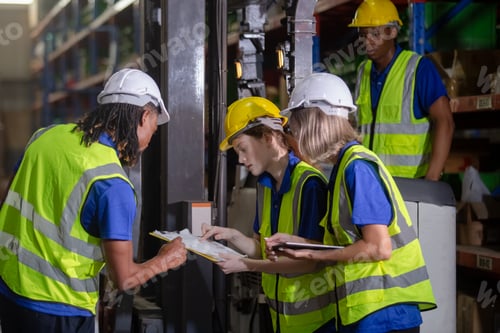 Preview: Man african american wear safety holding walkie talkie driver forklift warehouse in factory.