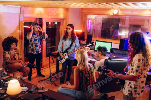 Preview: Creative band on a recording session in a music studio.